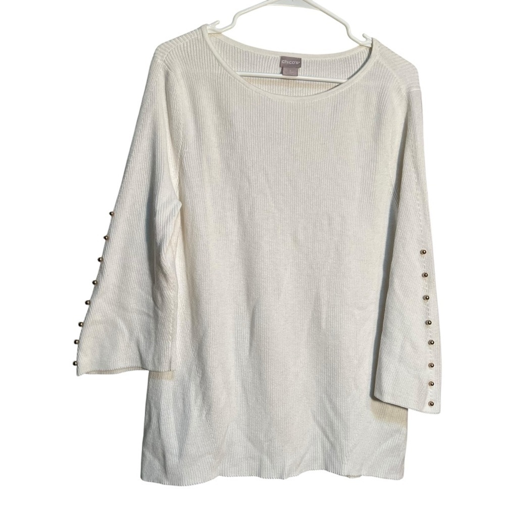 Chico's Women's Sz 2 (Large/12) Boatneck Sweater White Ribbed Gold Button Sleeve